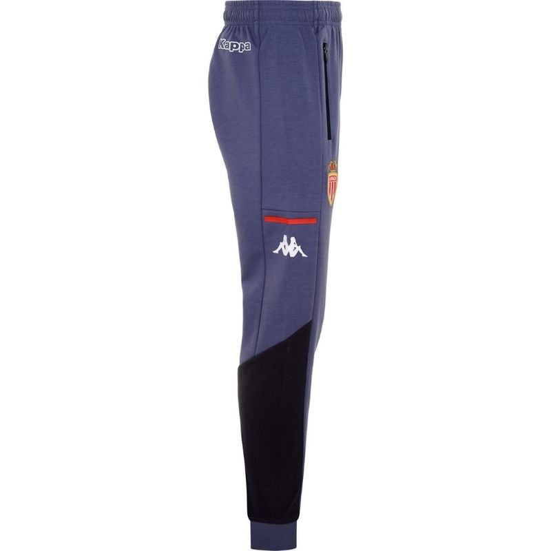 Photo de côté du pantalon de survêtement de match pour homme Kappa de l'AS Monaco, gris et noir