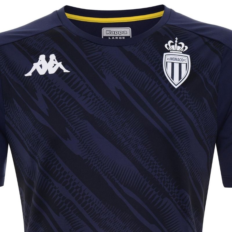 Photo de face et de près du maillot de foot d'échauffement joueur Kappa de l'AS Monaco saison 2020/2021, en bleu marine