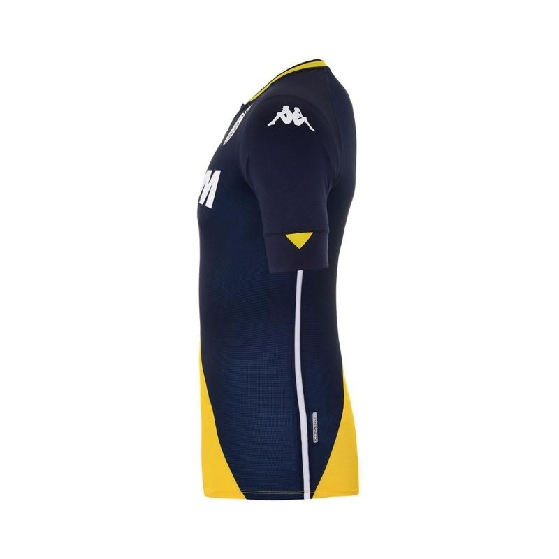 Photo de côté du maillot Away de foot Pro de l’AS Monaco Kappa Homme bleu marine et jaune, saison 20-21 de Ligue 1
