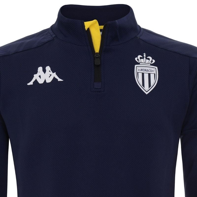 Photo de près et de face du sweat de foot Pro Bleu Marine Enfant Kappa AS Monaco saison 20-21 de Ligue 1