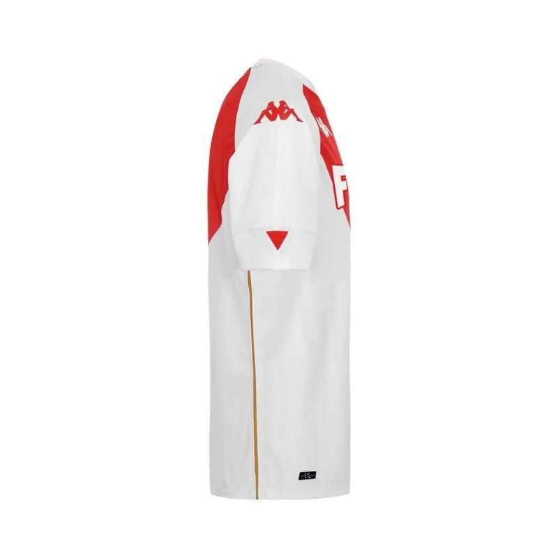 Photo de côté du haut de match de l'AS Monaco Kappa domicile, de couleur blanche et rouge pour femme