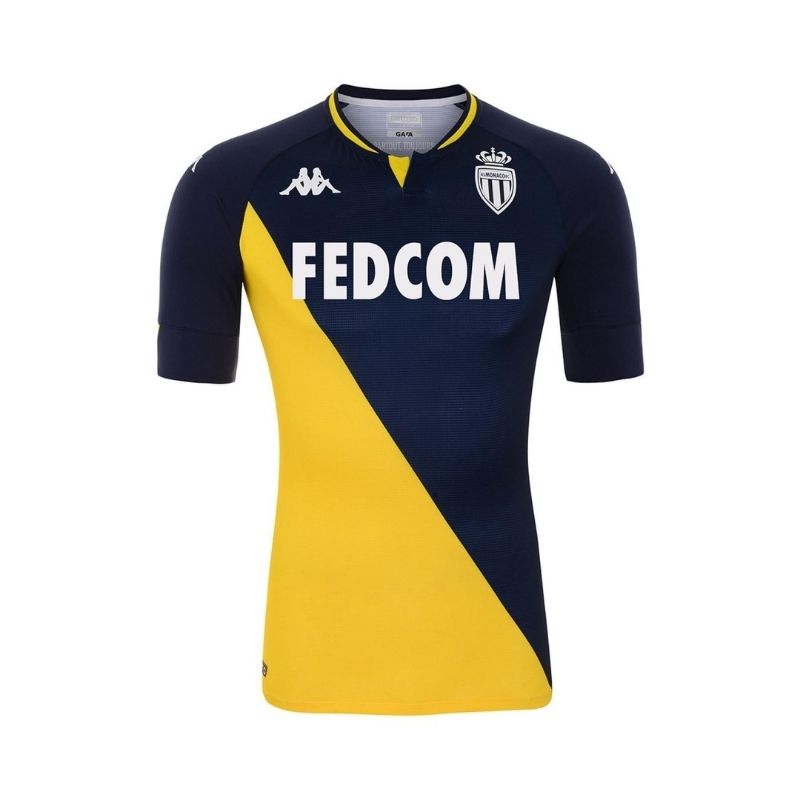 Photo de face du maillot de football extérieur Kappa de l'AS Monaco saison 2020/21 pour Homme de couleur bleue et jaune