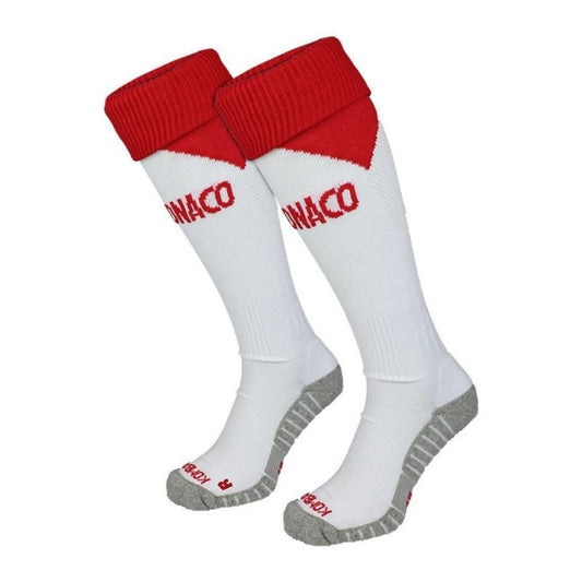 Photo de face des chaussettes de foot haute performance Kappa AS Monaco, blanches et rouges