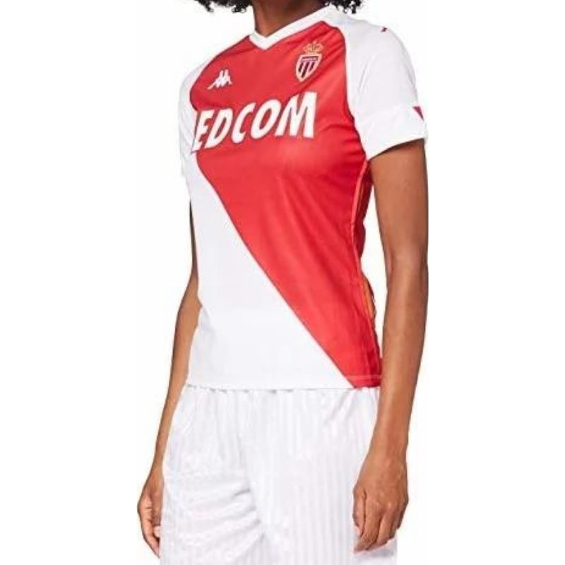 Photo portée du t-shirt de match pro coupe slim Domicile rouge et blanc Kappa floqué AS Monaco