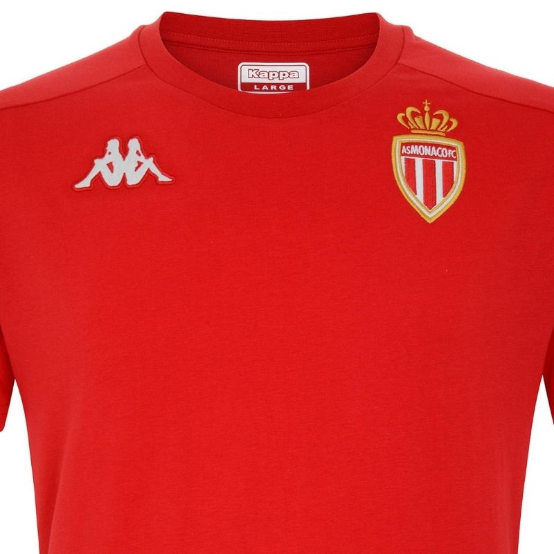 Photo de près et de face du maillot de football Pro rouge Enfant Kappa AS Monaco saison 2020-2021 de Ligue 1