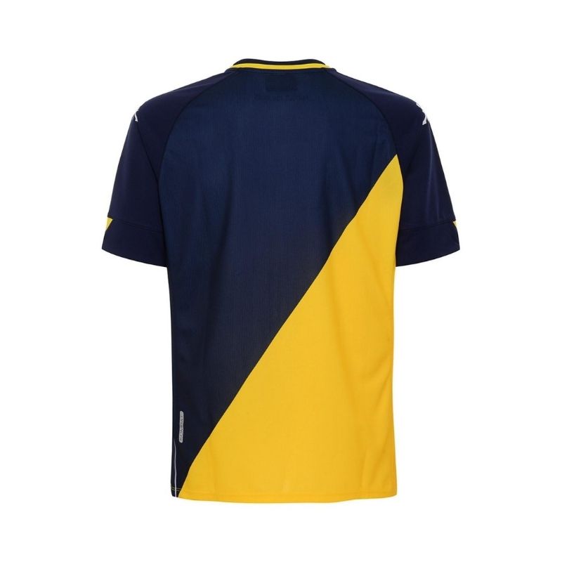 Photo de dos du maillot pro Kappa de l'AS Monaco, saison 2020/21, bleu et jaune pour enfant