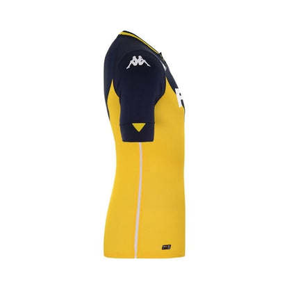 Photo de côté du maillot Extérieur de football authentique pour supporter de l’AS Monaco Kappa Homme bleu marine et jaune, saison 2020-2021