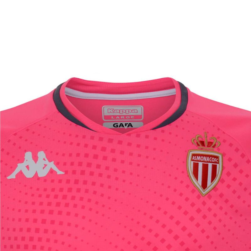 Photo de près du t-shirt manches longues pro de gardien de l'AS Monaco Kappa pour enfant, rose
