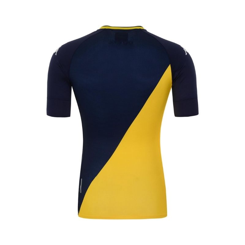 Photo de l’arrière du maillot de match authentique jaune et bleu marine Adulte Officiel Kappa, boutique de l'AS Monaco, 20-21