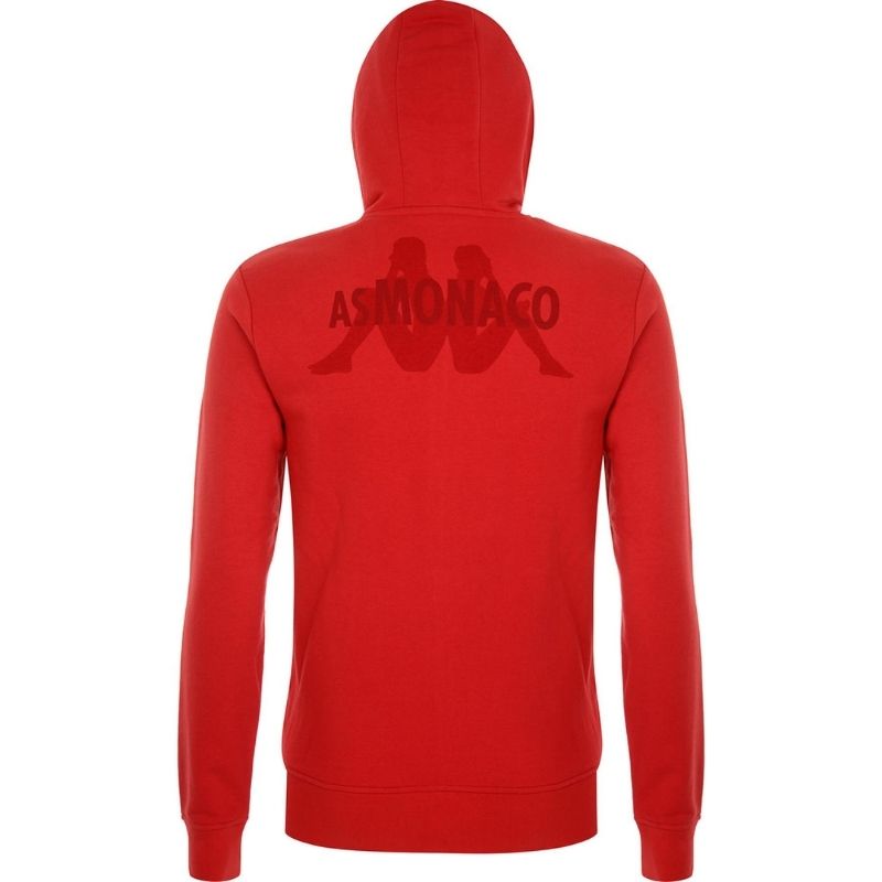 Photo de dos du pull de sport à capuche rouge de l'AS Monaco Kappa Aigrut pour enfant, avec logo Kappa dans le dos et écriture "AS Monaco"