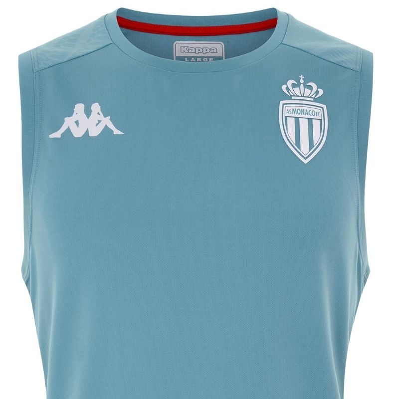 Photo de face zoomée du t-shirt d'entraînement sans manches Kappa Abriz Pro 4 pour homme de l'AS Monaco, de couleur bleu clair