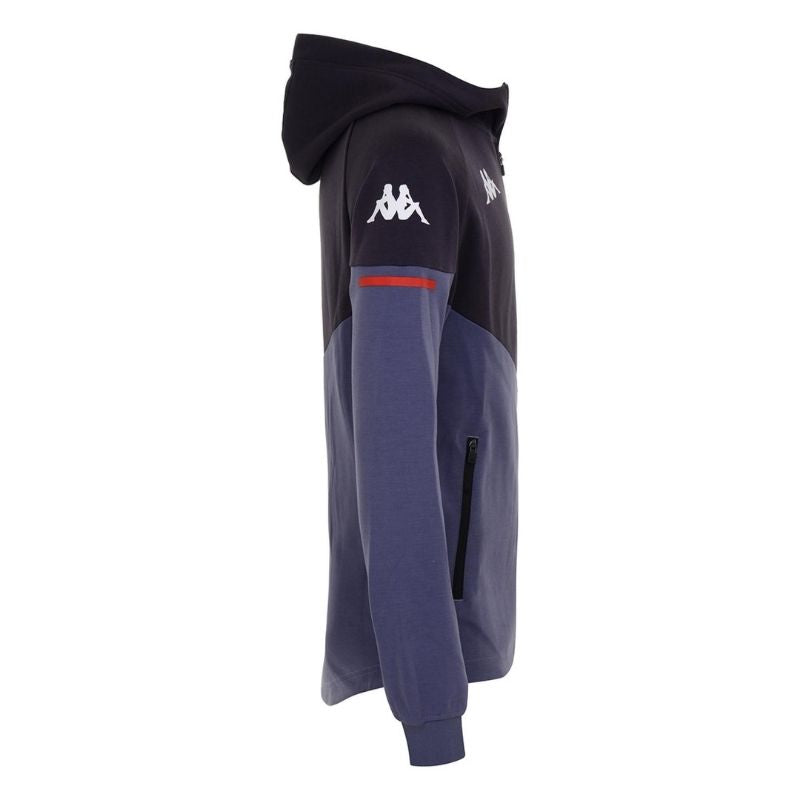 Photo de côté de la veste d'entraînement officielle joueur avec capuche pour enfant, noire et grise Kappa de l'AS Monaco