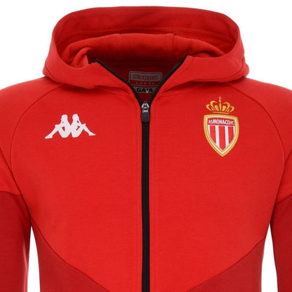 Photo de face et de près de la veste de sport zippée à capuche rouge Enfant de lr'AS Monaco, Kappa, saison 2020-2021 de Ligue 1