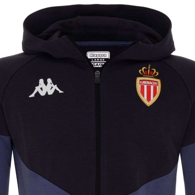 Photo de face et de près de la veste de football zippée à capuche grise et noir epour enfant, Kappa, AS Monaco, 20-21
